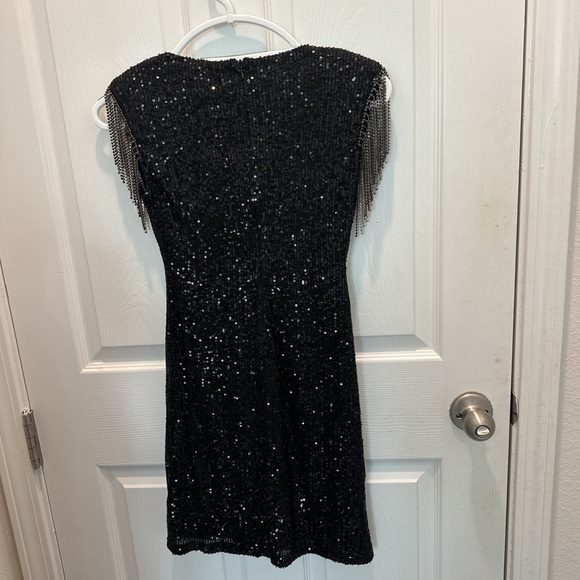 Betsy Johnson Black Sequin Dress with Fringe Sleeves - Picture 3 of 9